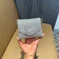 Mini iridescent rhinestone evening clutch bag with silver chain strap in hand - Style 2 AB Multicolor Small