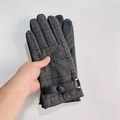 Men's winter gloves in grey plaid and black leather featuring adjustable metal buckles - S075 Black Grey Plaid With Leather Buckle