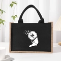Black linen tote bag with beige trim featuring a floral butterfly female silhouette print - Black Graphic 11