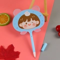 Blue cartoon fan-shaped ballpoint pen on wooden easel with decorative props - Hibiscus Girl Blue