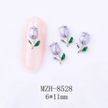 Detail of 6x11mm purple tulip nail charms with green leaves on a pink nail model - Light Purple Tulip White K Base (8528)