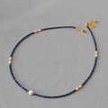 Minimalist lapis lazuli and freshwater pearl beaded necklace with gold lobster clasp - Lapis Lazuli Style