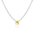 Close-up of silver-tone tennis necklace with a yellow pear-cut zircon pendant on white base - 18K Gold / Yellow Teardrop Silver