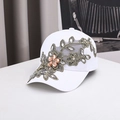 Detailed embroidery with gold threads and pink crystals on white luxury baseball cap - Adjustable / White
