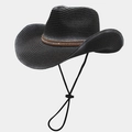 Détail du chapeau de cowboy noir tressé avec bande ornée et mentonnière réglable - Taille unique / Noir