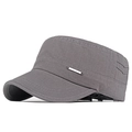 Grey cotton flat top military hat with side metal trim and washed canvas texture - Adjustable / Gray