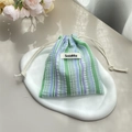 Small floral stripe drawstring pouch in green blue and purple cotton linen fabric - 14cm*16cm / Bubble Green Stripes
