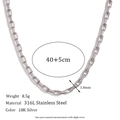 Silver 316L stainless steel rectangle box chain necklace 3.0mm width 40+5cm length - 3mm Long Box Chain (40+5cm)