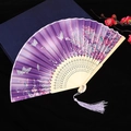 Classic purple folding fan with butterfly and flower patterns and matching tassel charm - No. 57