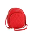Detail of red quilted round crossbody bag with dual zippers and adjustable strap - Red