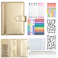 A6 gold budget binder set with leather cover, colorful labels, and zipper envelopes - Luxury Set-Shiny Gold