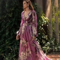 Purple V-neck long sleeve maxi dress with floral and butterfly patterns in nature setting - S / Purple (Four-way Stretch)