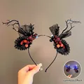 Cerchietto con corna di Halloween luminoso con bacche rosse e dettagli in pizzo nero - 8# Cerchietto Teschio Spine Nere [Con Luce]
