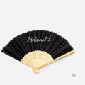 Elegant black bridesmaid folding fan with white script lettering and natural bamboo ribs - Black Bridesmaid