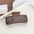 Western vintage brown square hair claw clip with floral engraved leather pattern - Flower