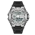 SANDA dual-display sports watch with silver metal bezel and black rubber strap - 6092 Black Silver Men's