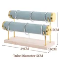 Two-tier gold jewelry display stand with light blue velvet bars and wooden base - Double Layer Gold Bangle Stand-Pea Green Velvet
