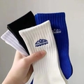 Ribbed mid-calf socks in white, black and blue with MOMOREMADE letter embroidery - Size 35-42 / Snow Mountain High Tube