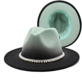 Two-tone gradient wool fedora hat with white lace pearl band and wide flat brim - M (56-58cm) / Mint Green + Black