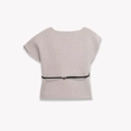 Short sleeve ribbed knit top in light grey with boat neck and slim black waist belt - S / Apricot