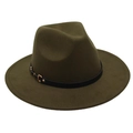 Detailed view of olive green wool fedora with black leather band and gold buckle - One Size / Military Green (Single Band)