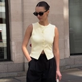 Detailed texture of light yellow ribbed knit vest with button-down front in outdoor light - S / Light Yellow