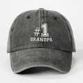 Detailed close-up of #1 GRANDPA white embroidery on vintage washed grey cotton baseball cap - One Size / Black