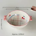 Pink bow ceramic salad bowl with cherry patterns and blue plaid interior, 1200ml capacity - Cherry-9 Inch Double Handle Soup Bowl