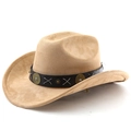 Detail of tan suede cowboy hat with black leather band and antique bronze studs - M (56-58cm) / Dark Camel