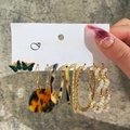 5-pair earring set featuring acrylic butterfly, tortoise shells, gold hoops and pearls - 5-Pair Set - Green Butterfly Tortoise Pearl