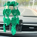 Detail of handmade crochet hanging plant for car mirror in beige and green yarn - Blue-Green Hollow Leaves