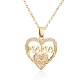 Detail of 18K gold heart pendant necklace featuring zircon MAMA engraving and crystals - Hollow Double Heart MAMA Style