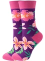 Detailed texture of purple crew socks with pink floral print and green leaf accents - EU 36-42 / Purple Flower