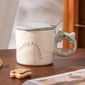 Simpatica tazza per gatti in ceramica grigia con coperchio coordinato e cucchiaio in metallo - Tazza Singola / Grigio