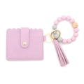 Silicone bead keychain bracelet with light purple PU leather card holder and tassel - Light Purple