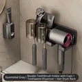 Gunmetal grey wall-mounted toothbrush holder set with cups and hair dryer stand - Gunmetal Grey | 2 Slots With Cups + Toothpaste Dispenser + Hair Dryer Rack