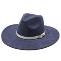 Detail of navy blue suede fedora featuring a wide brim and buckled leather hatband - M(56-59CM) / Navy Blue (Suede)