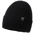 Men's winter knit beanie in black with ribbed texture and decorative brand patch - Black