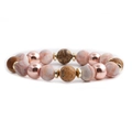 Fashion 10mm marble pattern and jasper beaded bracelet with rose gold metal accents - Pink White Marble & Brown Spotted Stone Style (C)