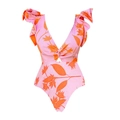 Costume intero con stampa floreale tropicale, scollo a V e spalline con volant - S / Costume intero