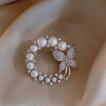 Elegant silver butterfly wreath brooch with white pearls and sparkling crystals - 233# Silver Circle Butterfly