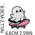 Ghost on pink skateboard embroidery patch showing dimensions of 6.9CM by 6.6CM - Style 30 - Skateboard Ghost B