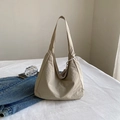 Beige oversized tote bag with pearl chain detail on textured white fabric - No Pendant / Khaki