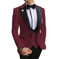 Three-piece burgundy tuxedo set with black peaked lapels for men's wedding attire - Burgundy