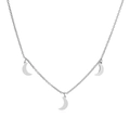 Close-up of silver chain necklace featuring three polished crescent moon pendants on white - Steel Moon