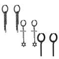 3 pairs of black stainless steel dangle earrings with cross, star, and chain designs - Set 26 (Black - Double Chain/Cross Star/Rectangle Bar)