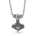 Silver Viking Mjölnir pendant featuring Thor's hammer with wolf head and intricate carving - Face Wolf Head Mjolnir Pendant (KP55373-BD)