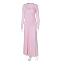 Detailed close-up of pink long sleeve dress featuring elegant waist pleats and slim fit - S / Pink
