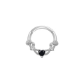 Silver nose ring with a heart-shaped black gemstone and delicate rose pattern detail - Rose Black Heart / Silver