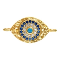Golden evil eye connector pendant with turquoise stone and blue crystal accents - Turquoise Pave Zirconia Gold Round Eye-A0097